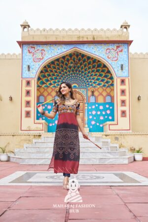 Premium Printed Rayon Round Neck Navratri Kurti with Kutchi Embroidery 💫🎶