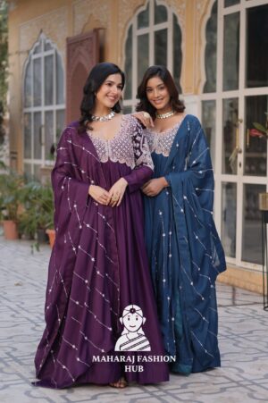 👗 Elegant Beaded Gown Set with Full Sleeves & Cotton Lining - Combo Offer Gown