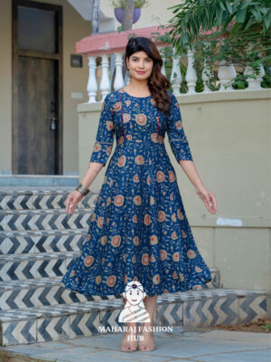 🎨 Navy Blue Ethnic Kurta with Printed Embroidery