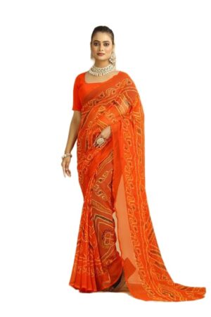 MAHARAJ FASHION HUB Traditional Bandhani Print Georgette Saree, Bright Orange with Geometric Pattern