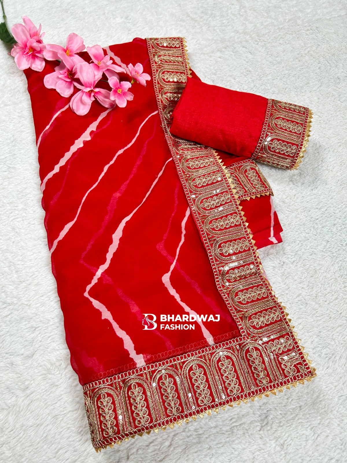 Lahriya Chiffon Saree with Heavy Embroidered Border & Matching Blouse