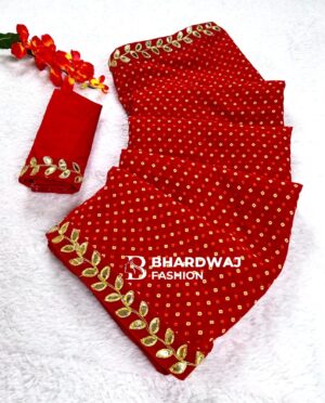 Maroon Bandhani Saree with Gota Patti Border & Matching Blouse