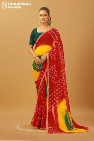 Red Multicolor Bandhani Chiffon Saree with Lace Border & Contrast Blouse