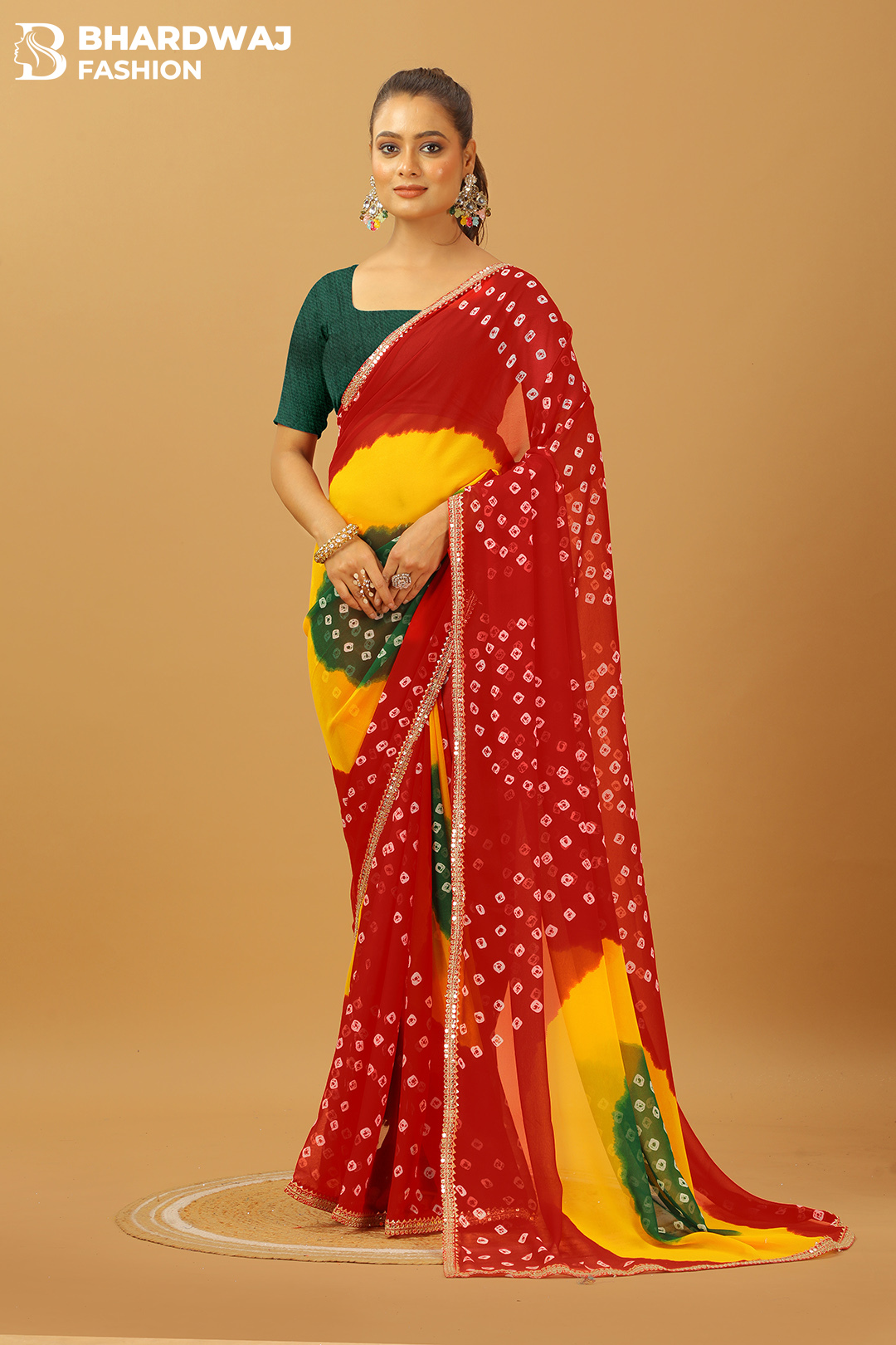 Red Multicolor Bandhani Chiffon Saree with Lace Border & Contrast Blouse